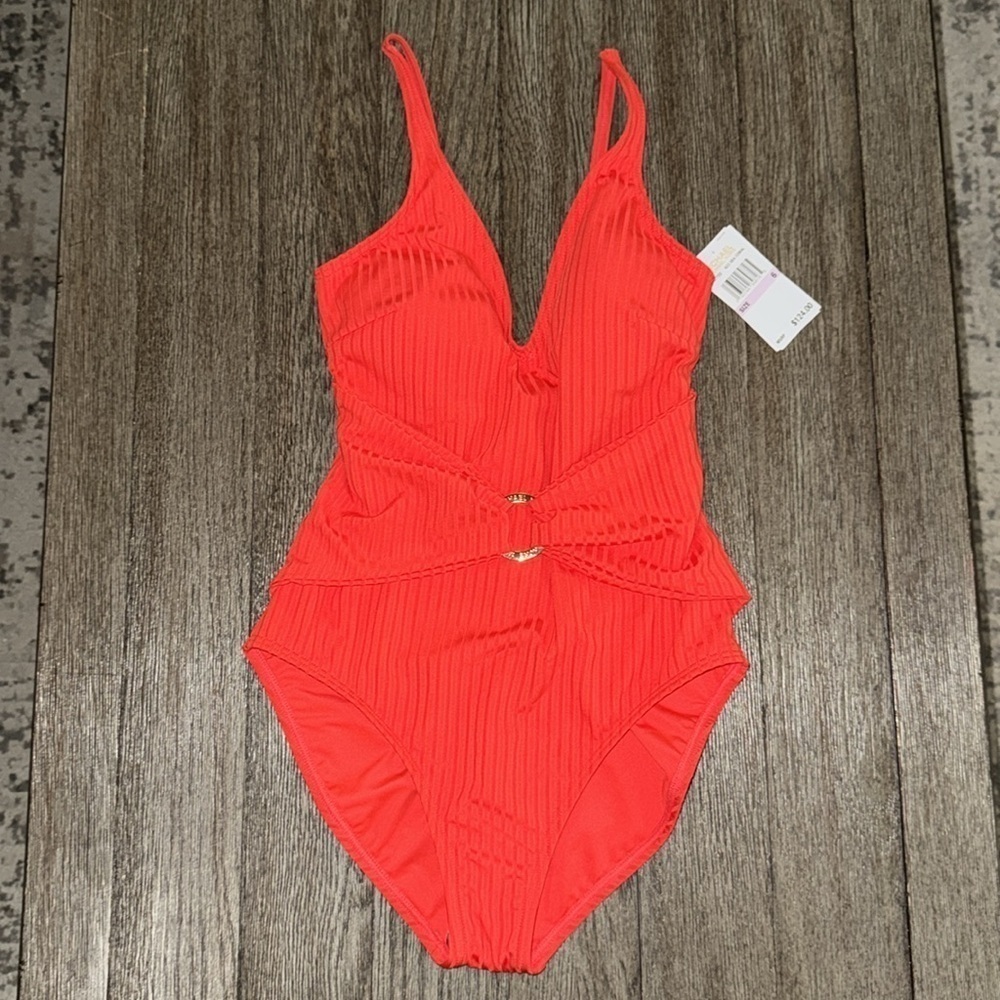 Michael Kors Iconic Sash Ring Logo Rib One-Piece Swimsuit Sea Coral
